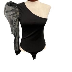 TCEC Size Small Black Women Bodysuit One Shoulder Sheer Sleeve Ribbed Top